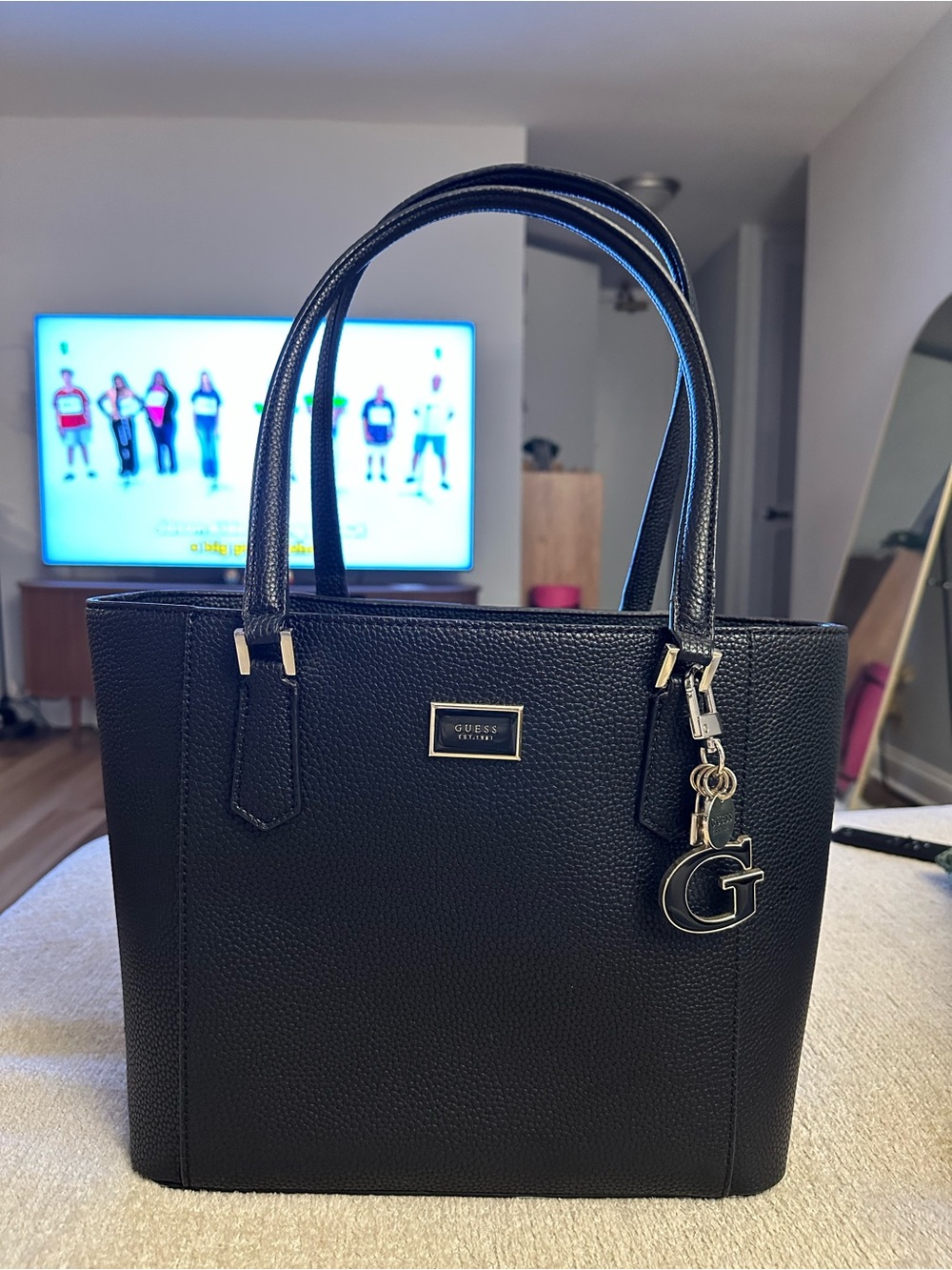 GUESS Black Pebbled Tote with Logo Charm